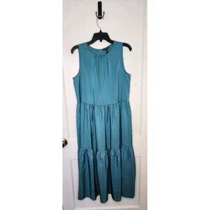 EILEEN FISHER ROUND NECK TIERED DRESS 100% SILK SATIN RIVER BLUE NWT Size Small